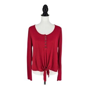 Hollister Henley Top Womens Medium Red Waffle Knit Tie Front Long Sleeve thermal